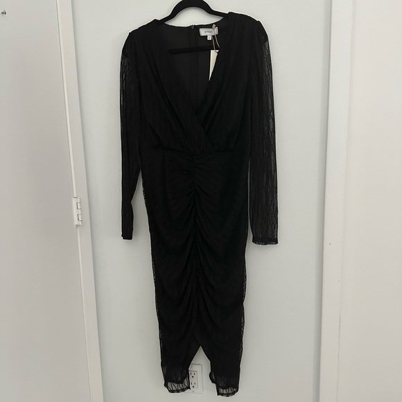 Black V Neck Sheer Sleeve Lace Dress - Picture 2 of 8